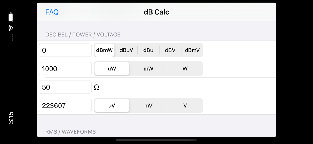 Interface of the dB Calc app showing decibel power and voltage conversion units and fields