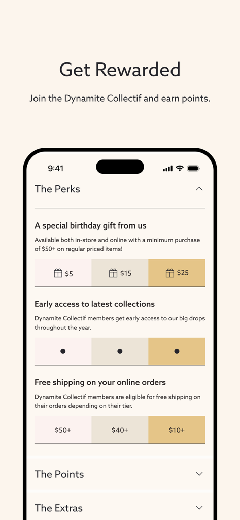 Dynamite: Online Fashion - Récompenses de l'application de mode Dynamite et écran des avantages du programme de fidélité