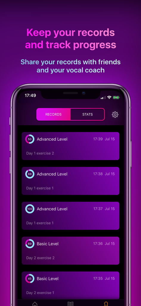 Vocal Workout: Singing lessons - Screenshot of the Vocal Workout app showing a history of recorded singing sessions with levels and scores to track progress.