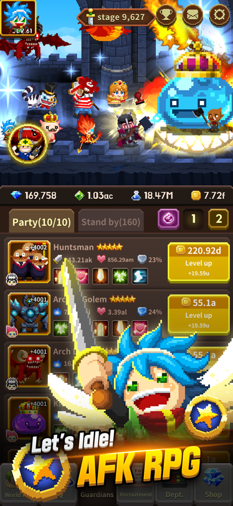 Gameplay screen of Videogame Guardians showing pixel art characters and idle RPG interface