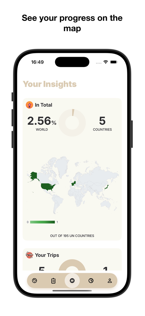 Mappa del mondo dei progressi e analisi dei viaggi nell'app TraviGo
