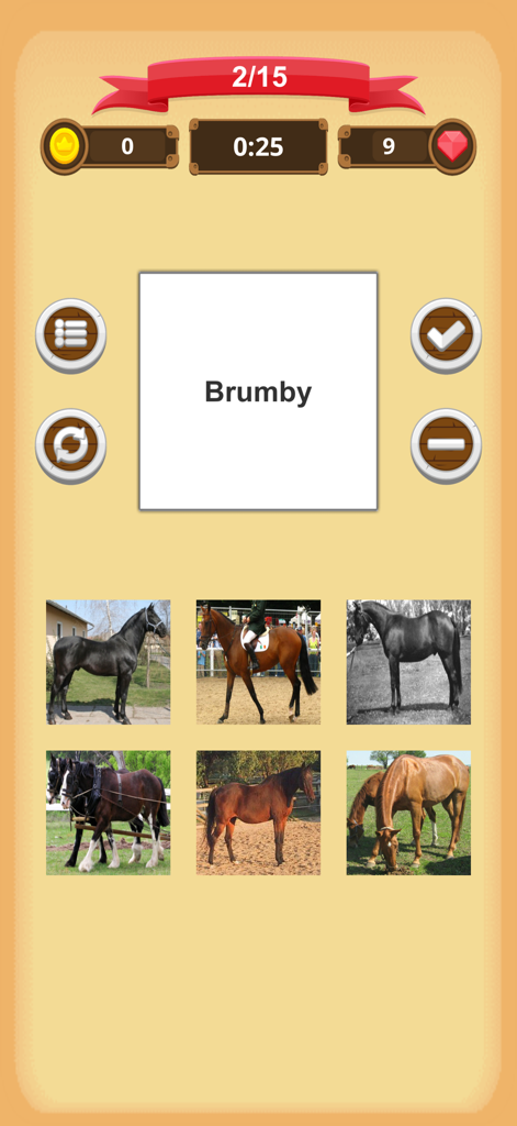 Horse Quiz - A horse breed identification quiz screen showing six horse photos and the name Brumby.
