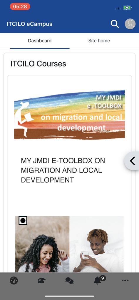 ITCILO eCampus - Il dashboard dell'app ITCILO eCampus che mostra un corso sulla migrazione e sullo sviluppo locale.