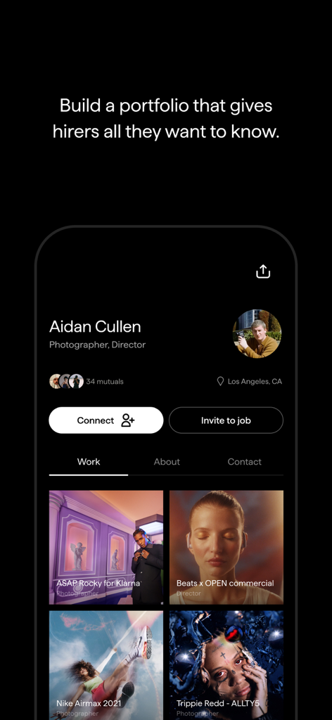 NOVA: The Creative Network - Un profil de freelance professionnel sur l'application NOVA affichant un portfolio photographique sélectionné et des options d'embauche.