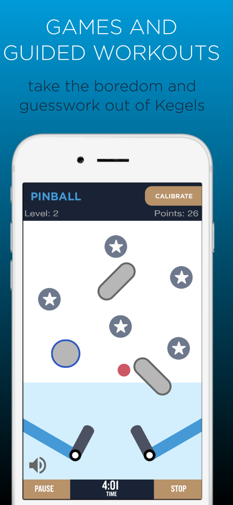 kGoal: Smart Kegels - kGoalアプリでのインタラクティブケーゲルエクササイズのためのピンボールゲームインターフェースを示すスマートフォンの画面