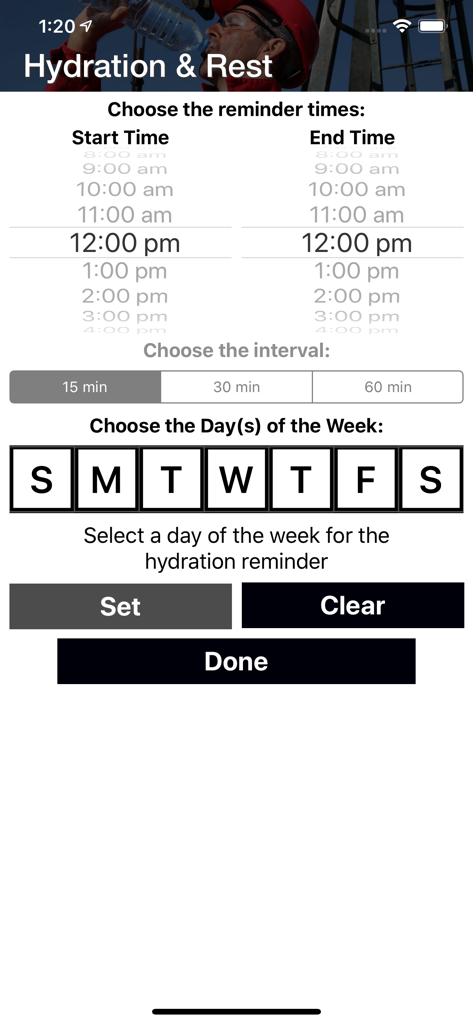 OSHA-NIOSH Heat Safety Tool - Hydration and Rest reminder settings screen in the OSHA NIOSH app featuring time and interval selectors