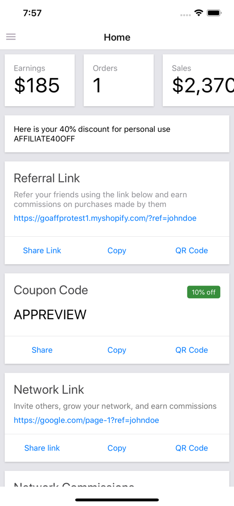 Pro Affiliates - Pro Affiliates app dashboard showing earnings summary and shareable referral links for content creators