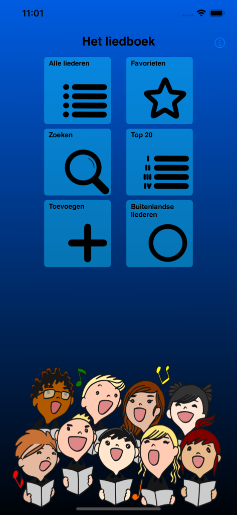 Home screen of the Liedboek app showing the main menu and an illustration of a children choir.