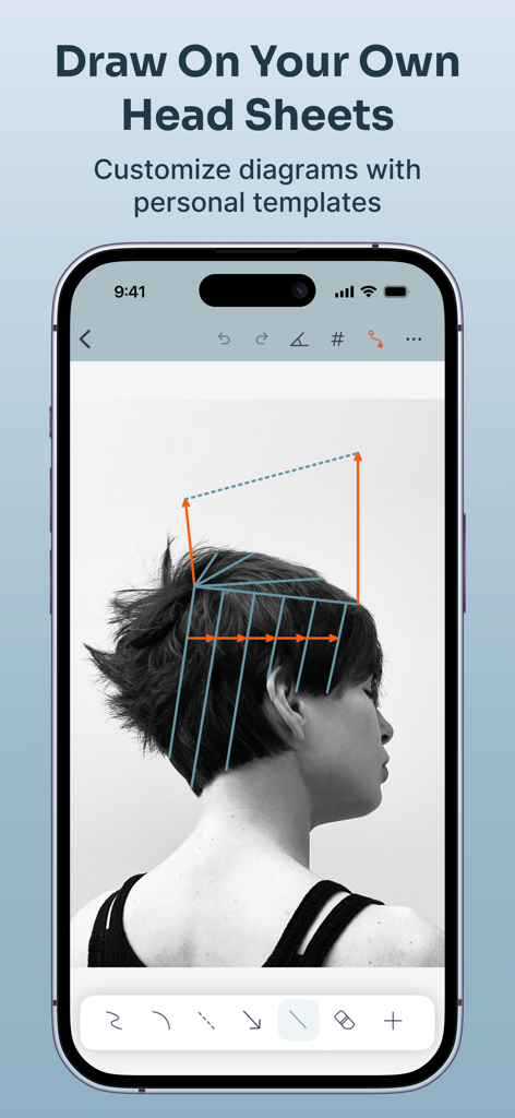 Hairtechapp - Cutting Diagrams - Interfaz de la aplicación móvil que muestra un diagrama técnico de corte de cabello con líneas azules y flechas naranjas dibujadas sobre una foto de perfil lateral de un corte de cabello corto.