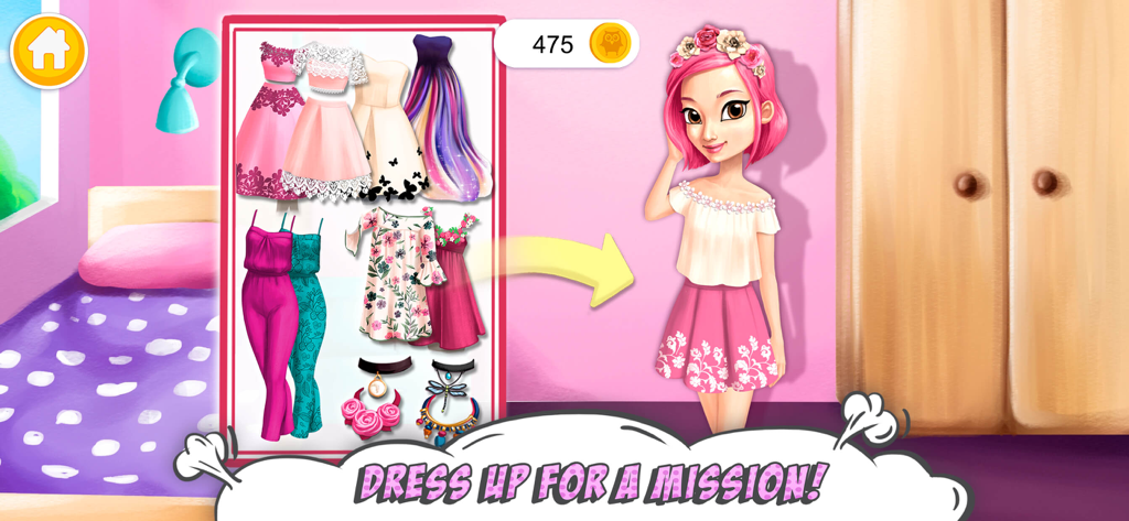 A superhero girl with pink hair standing next to a wardrobe of outfits in the Power Girls Super City dress up game