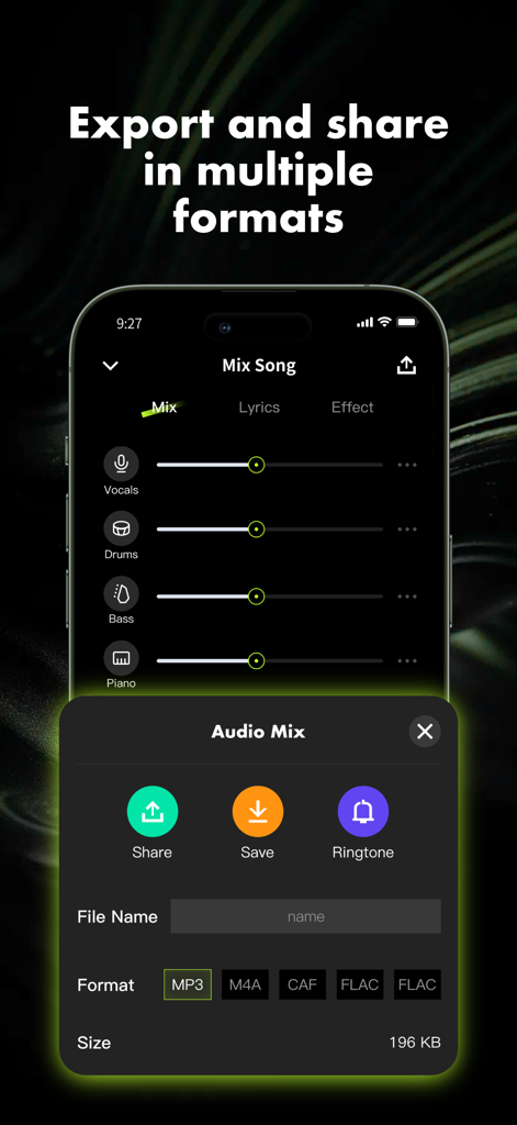 Stemify app interface for exporting and sharing music mixes in multiple audio formats like MP3 and FLAC