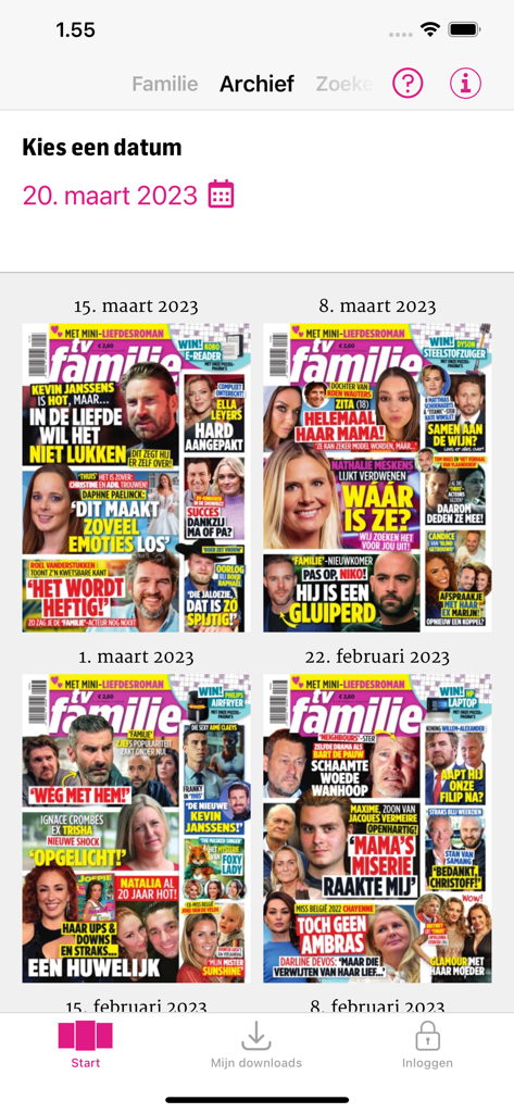 TV Familie - Pantalla de archivo de la aplicación TV Familie que muestra las portadas de números anteriores de la revista por fecha.