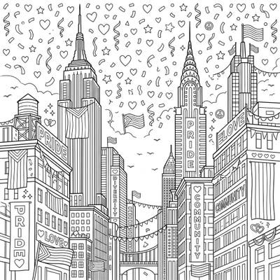 Immerse yourself in the vibrant spirit of Pride Month with this unique coloring page featuring iconic skyscrapers. Adorned with messages of love, diversity, and community, it's a perfect way to celebrate and express your creativity.