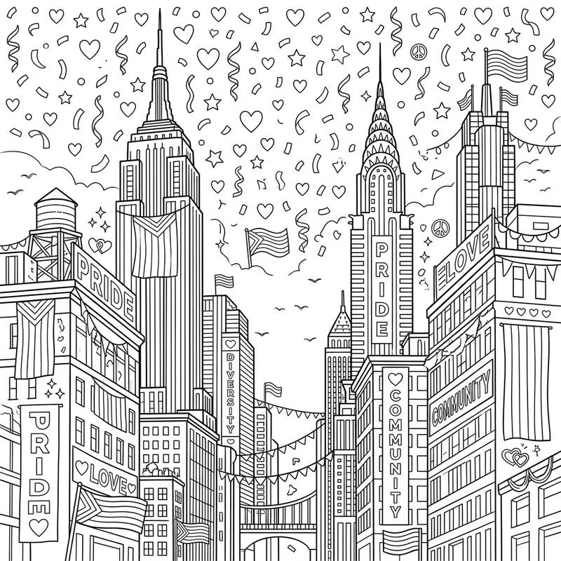 Immerse yourself in the vibrant spirit of Pride Month with this unique coloring page featuring iconic skyscrapers. Adorned with messages of love, diversity, and community, it's a perfect way to celebrate and express your creativity.