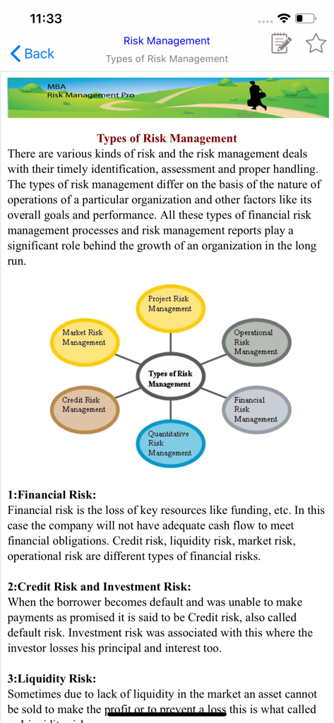 MBA Risk Management - Bildschirm mit einer Darstellung und Definitionen verschiedener Arten von Risikomanagement, einschließlich Finanz- und Kreditrisiken.