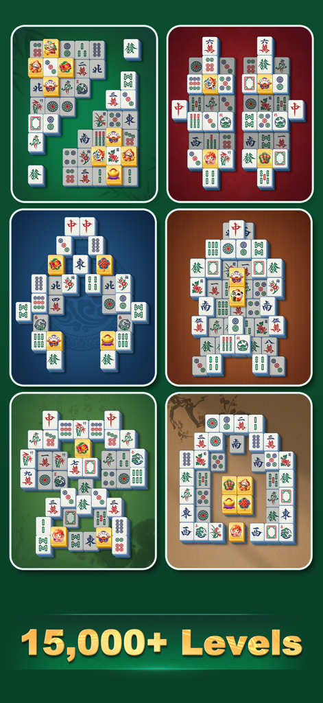 Mahjong Scapes® - A showcase of six different mahjong tile layout puzzles from Mahjong Scapes featuring over fifteen thousand levels