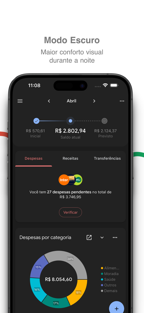 Interfaz de la aplicación Minhas Finanças en modo oscuro que muestra el panel financiero y el gráfico circular de gastos