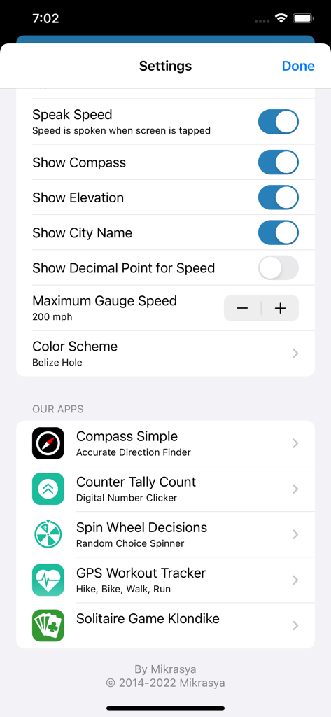 Settings screen of the Speedometer Simple app showing options to show compass elevation and city name