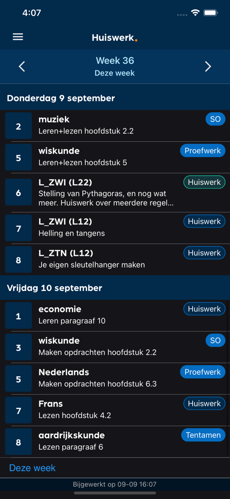 Weekly homework and test schedule overview in the Magister mobile app.