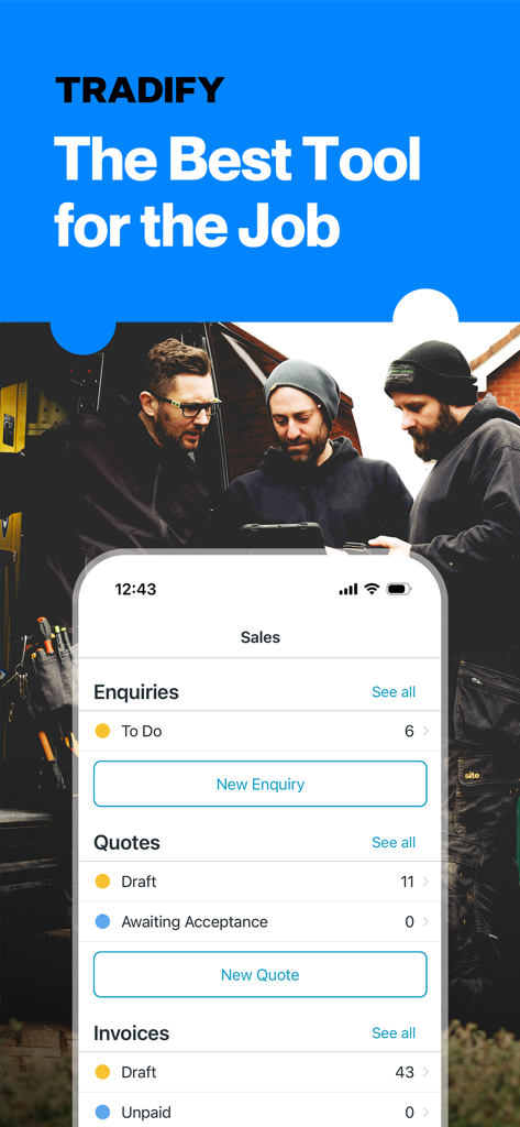 Tradify mobile App-Dashboard zur Verwaltung von Verkaufsanfragen, Angeboten und Rechnungen