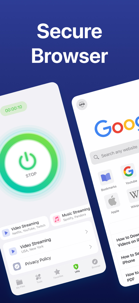 Secure browser and VPN interface in the Documents by Readdle app