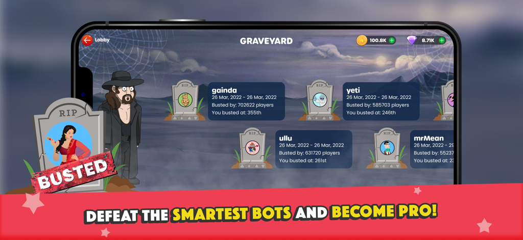 Graveyard screen in Marriage Card Game showing cartoon tombstones of defeated bots like Yeti and Gainda.