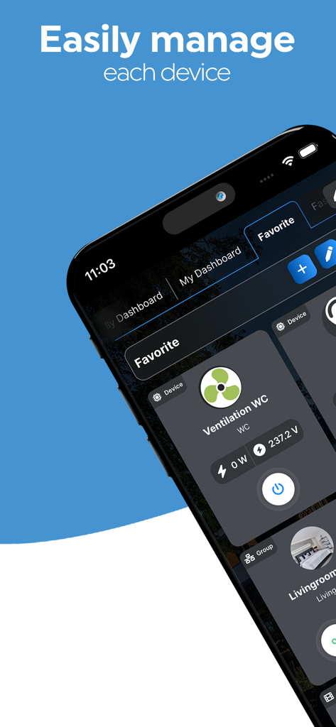 Shelly Smart Control App-Dashboard mit einem Lüftungsgerät und Echtzeit-Energieüberwachung