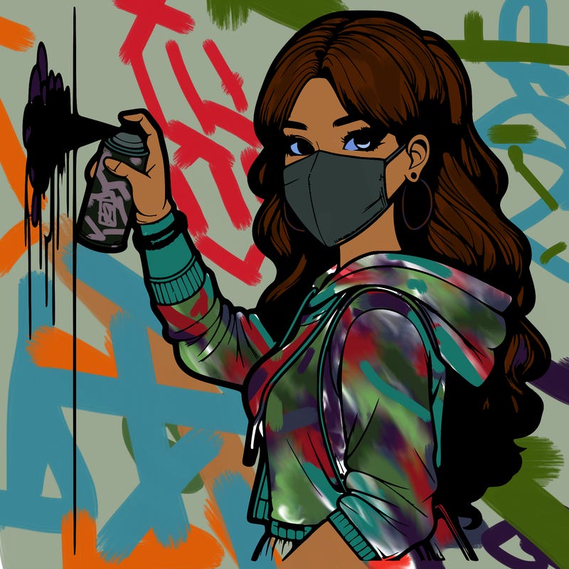 realistic girl with mask spray painting a wall