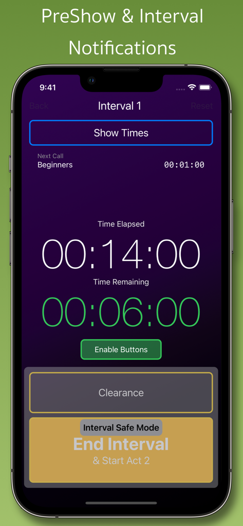 Show StopWatch - Show StopWatch app interface showing interval countdown and backstage call notification