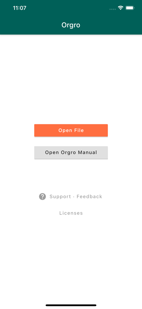 The home screen of the Orgro app featuring minimalist buttons to open a file or the user manual.