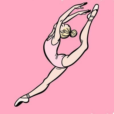 gymnast doing a leap in a leotard with a bent back leg