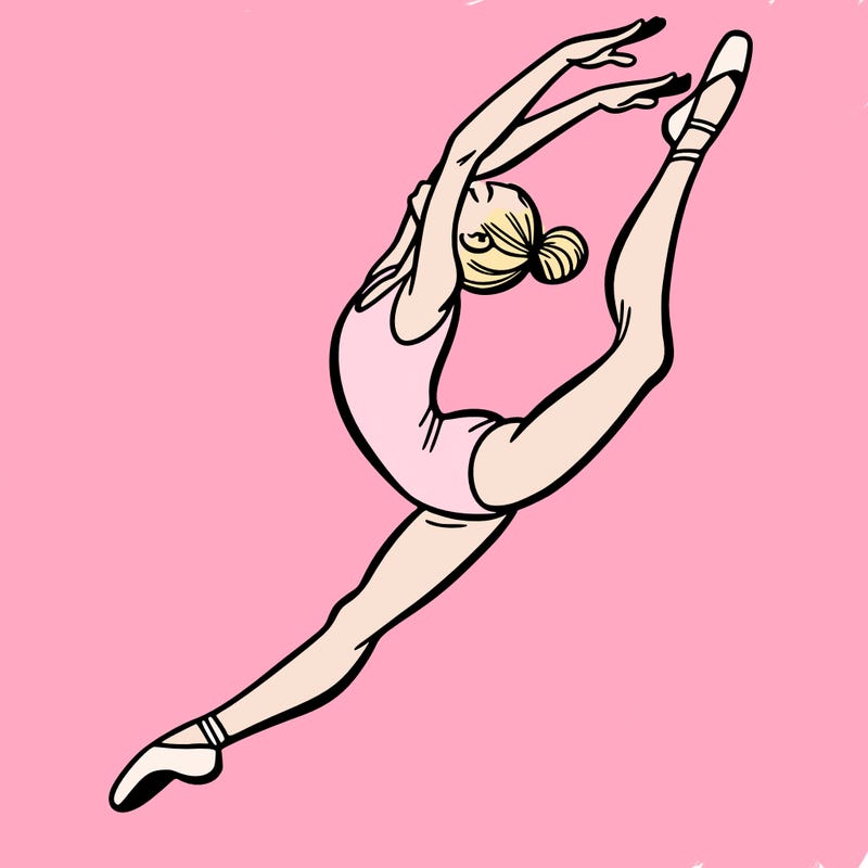gymnast doing a leap in a leotard with a bent back leg