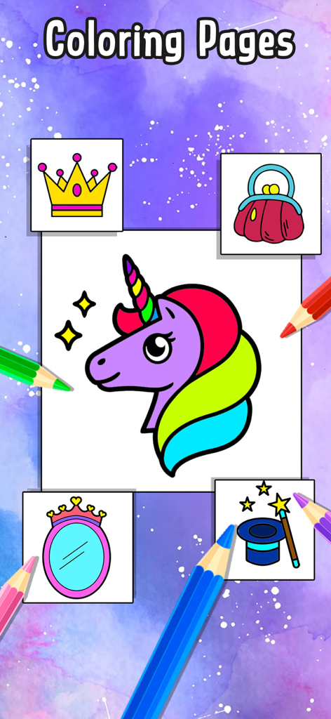 Princess Carphone Doll Games - A coloring page activity from the Princess Carphone app featuring a unicorn and royal accessories like a crown and magic mirror