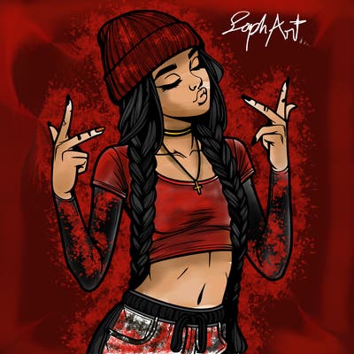 realistic teenage girl with braids and a beanie and crop top doing 🫶🏼