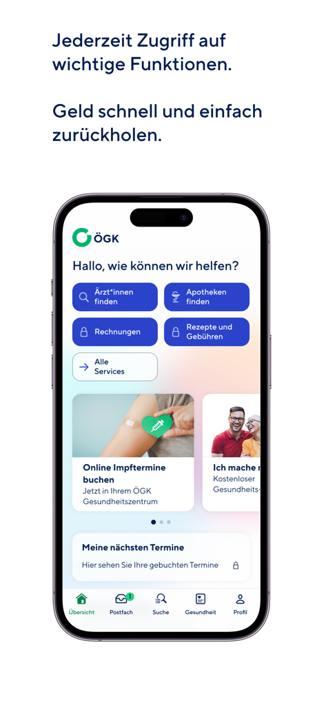 Meine ÖGK App Startbildschirm mit Optionen für Arztsuche, Apothekensuche und Rechnungseinreichung