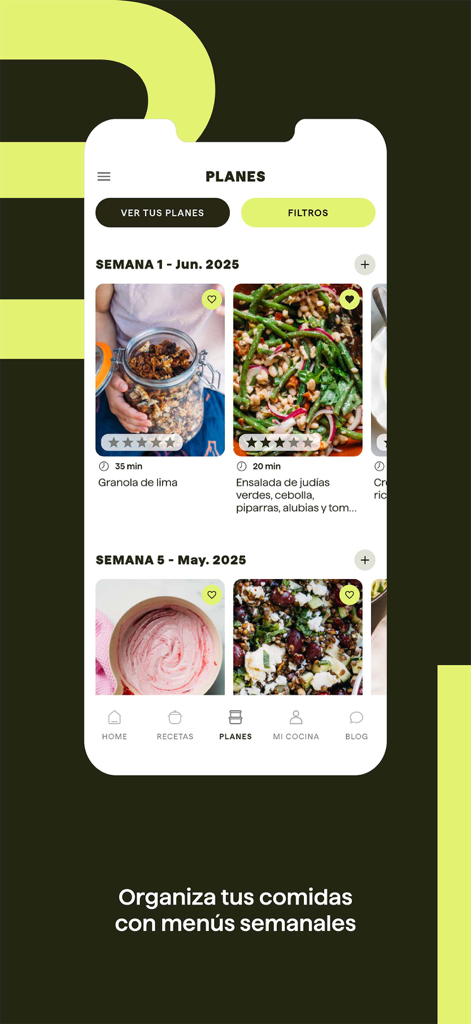 Biotiful App: tu cocina fácil - Biotiful App screen showing organized weekly meal plans with colorful healthy recipes like granola and green bean salad