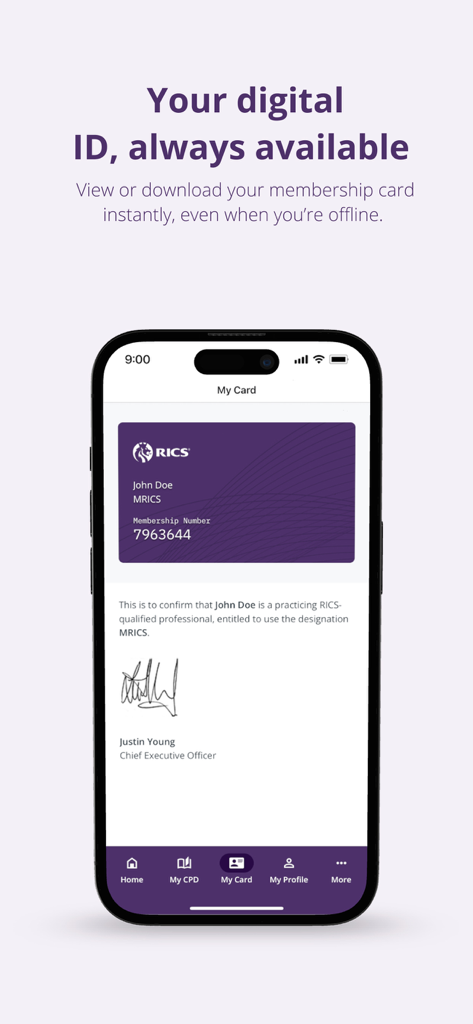 Digital membership card displayed in the RICS Member App