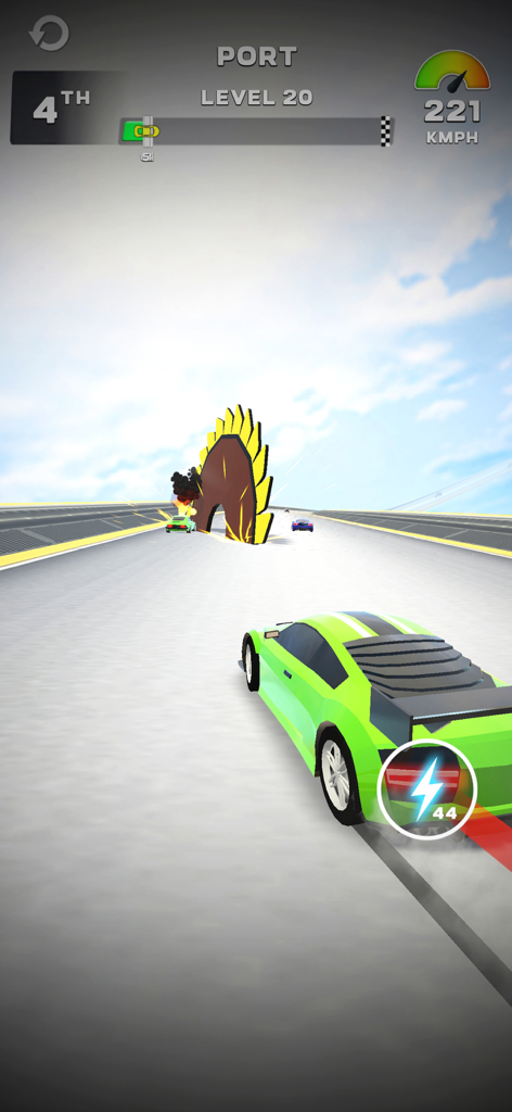 MR RACER : Stunt Mania - A lime green sports car racing through a stunt obstacle on a high altitude track