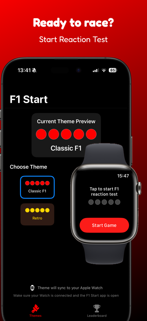 F1 Start - Reaction test - Interface of the F1 Start reaction test app on iPhone and Apple Watch showing start light theme options