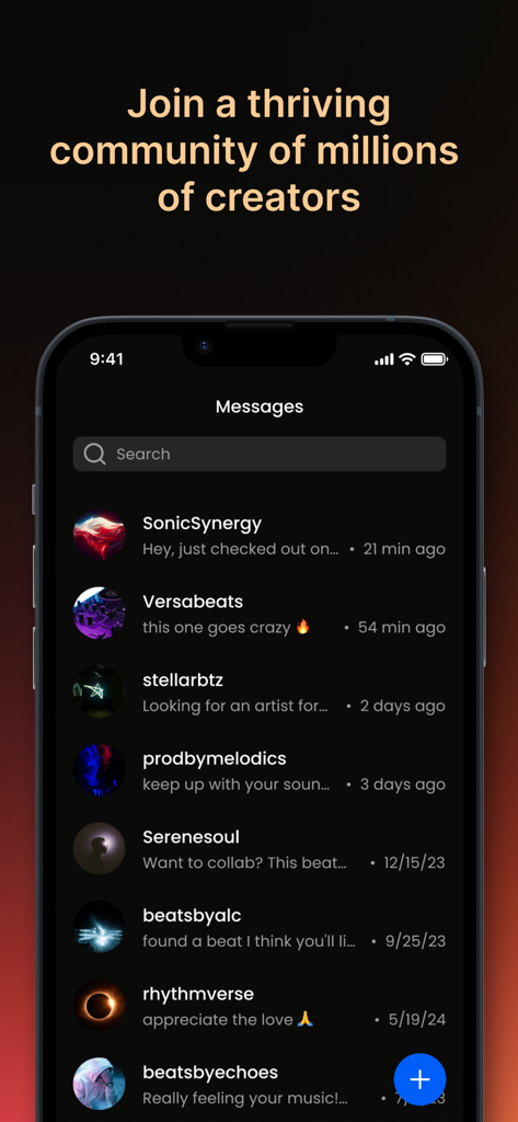 Interface of the BeatStars app showing the messages screen where music creators can collaborate and connect.