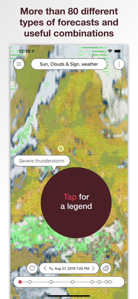 Pflotsh ECMWF app interface showing a detailed weather map with forecast parameters and a severe thunderstorm alert