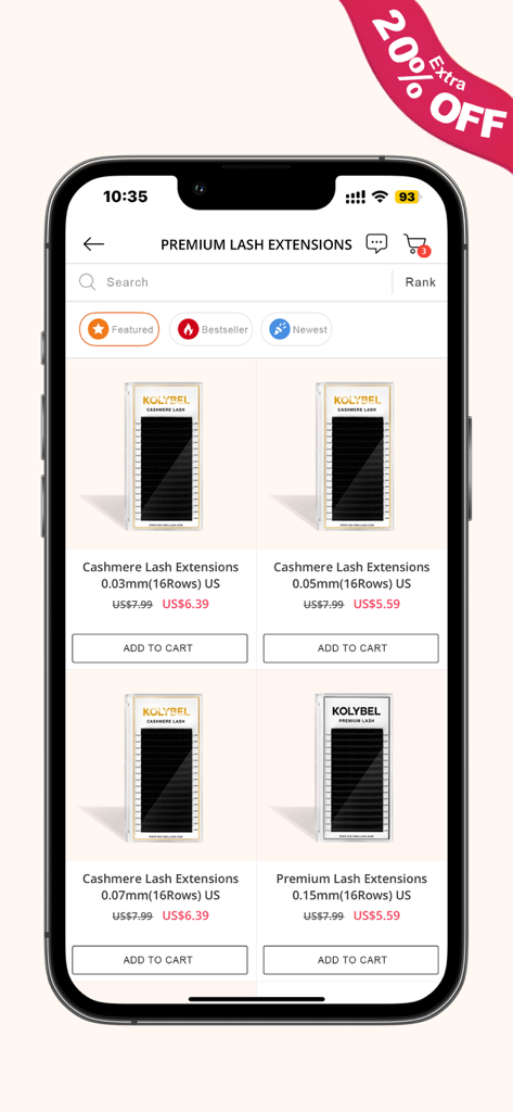 Kolybel Lash - Kolybel Lash app displaying premium cashmere lash extensions with prices and add to cart buttons