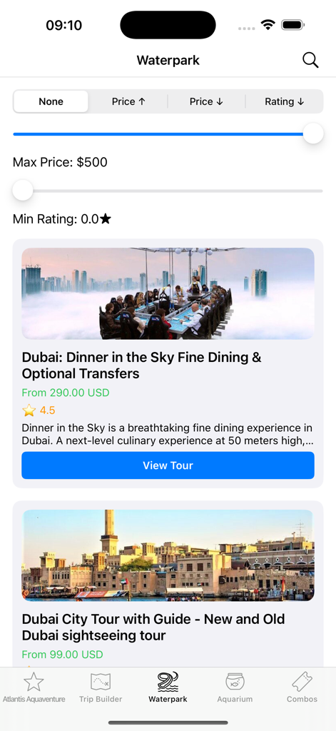 Interfaccia dell'app mobile che mostra un elenco di tour di Dubai inclusi Cena in the Sky e City Tour.