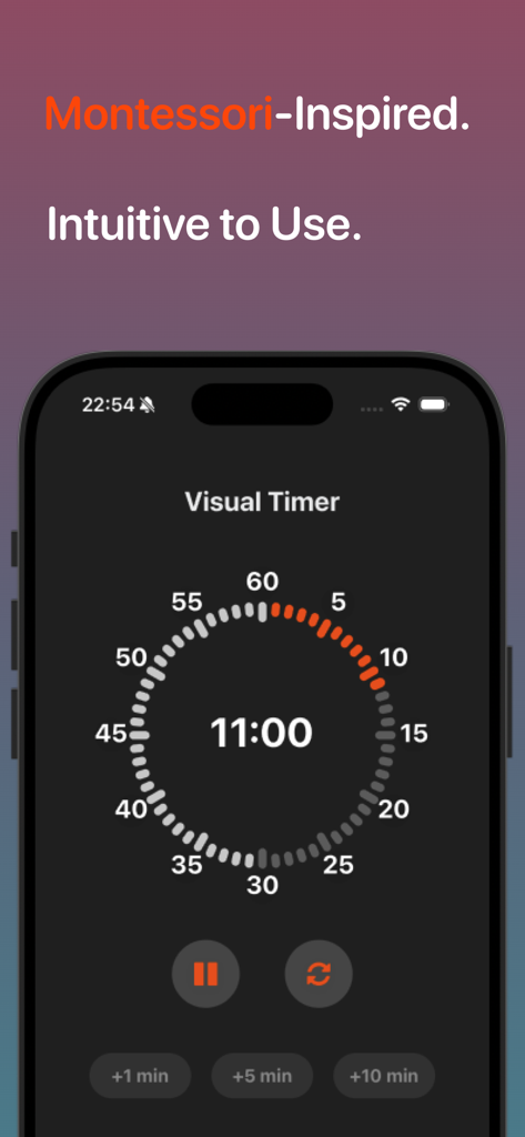 SeeTheTime app interface showing a Montessori-inspired circular visual countdown timer set for 11 minutes