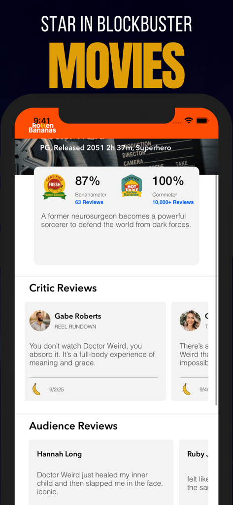In-app screenshot showing movie ratings and reviews for a blockbuster film in Hollywood Movie Star Life Sim.
