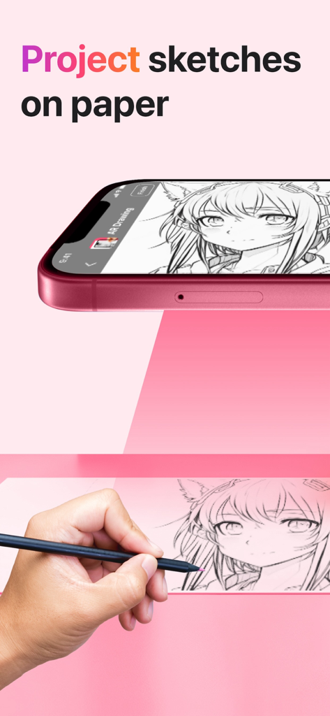 A hand tracing an anime character onto paper using an AR projection from a smartphone.