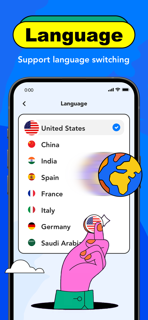 AI Chat Translator:Voice&Photo - AIチャット翻訳アプリで、さまざまな国旗が表示された言語選択メニューを示すスマートフォンの画面。