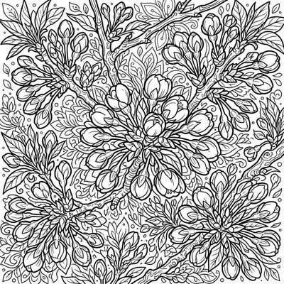 Unleash your creativity with this exquisite coloring page featuring delicate cherry blossom buds on intricate branches. Designed with teens in mind, it offers a beautifully detailed escape into nature's artistry.