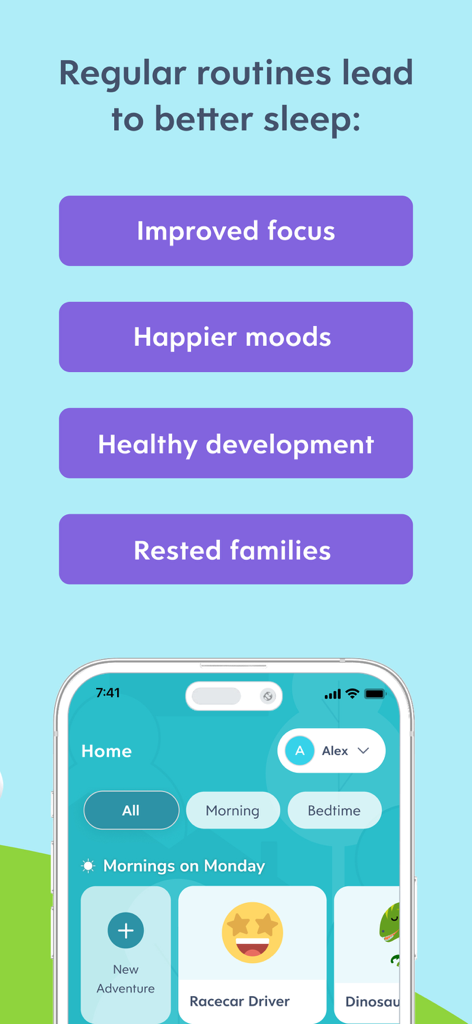 Huckleberry MagicStepsアプリのインターフェース。子供向けの定期的なルーティンとオーディオアドベンチャーオプションの利点を示しています。