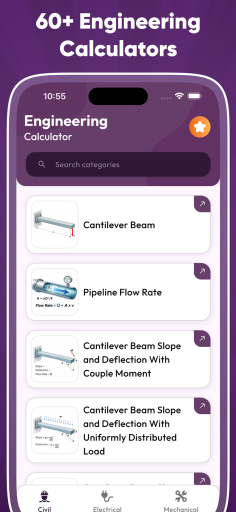 Engineer Pro Toolkit - Interfaz de la aplicación Engineer Pro Toolkit mostrando una lista de herramientas de ingeniería civil como calculadoras de vigas en voladizo y caudal de tuberías